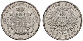 Silbermünzen des Kaiserreiches
Hamburg
2 Mark 1913 J. J. 63.
fein zaponiert, Polierte Platte
Aus Sammlung Dr. Lutz.