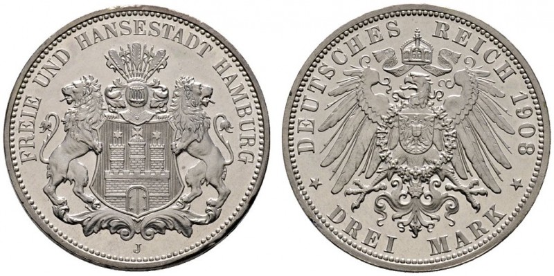 Silbermünzen des Kaiserreiches
Hamburg
3 Mark 1908 J. J. 64.
fein zaponiertes...
