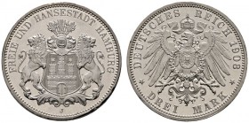 Silbermünzen des Kaiserreiches
Hamburg
3 Mark 1908 J. J. 64.
fein zaponiertes Prachtexemplar, Polierte Platte
Aus Sammlung Dr. Lutz.