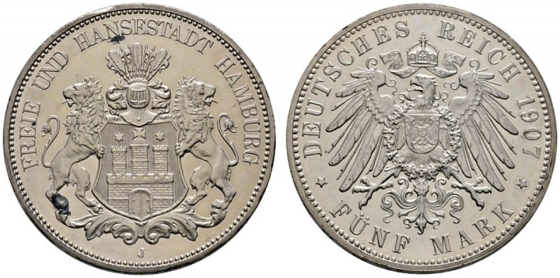 Silbermünzen des Kaiserreiches
Hamburg
5 Mark 1907 J. J. 65.
fein zaponiert, ...