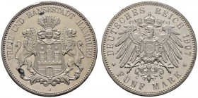 Silbermünzen des Kaiserreiches
Hamburg
5 Mark 1907 J. J. 65.
fein zaponiert, Polierte Platte
Aus Sammlung Dr. Lutz.