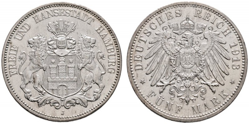 Silbermünzen des Kaiserreiches
Hamburg
5 Mark 1913 J. J. 65.
winziger Randfeh...