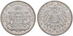 Silbermünzen des Kaiserreiches
Hamburg
5 Mark 1913 J. J. 65.
winziger Randfehler, vorzüglich-Stempelglanz