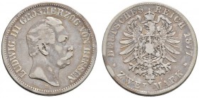 Silbermünzen des Kaiserreiches
Hessen
Ludwig III. 1848-1877. 2 Mark 1877 H. J. 66.
schön-sehr schön