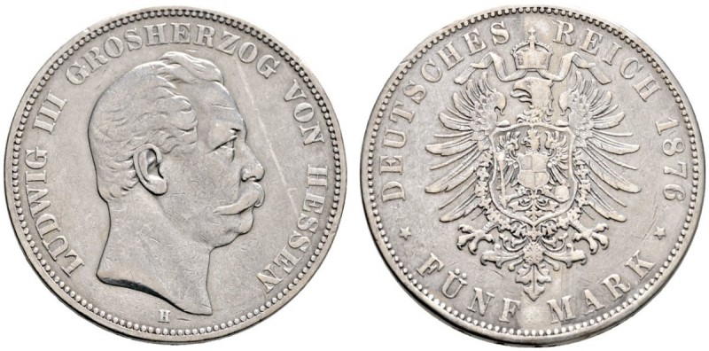 Silbermünzen des Kaiserreiches
Hessen
Ludwig III. 1848-1877. 5 Mark 1876 H. J....
