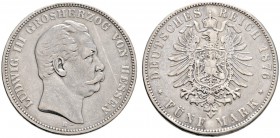 Silbermünzen des Kaiserreiches
Hessen
Ludwig III. 1848-1877. 5 Mark 1876 H. J. 67.
fast sehr schön
