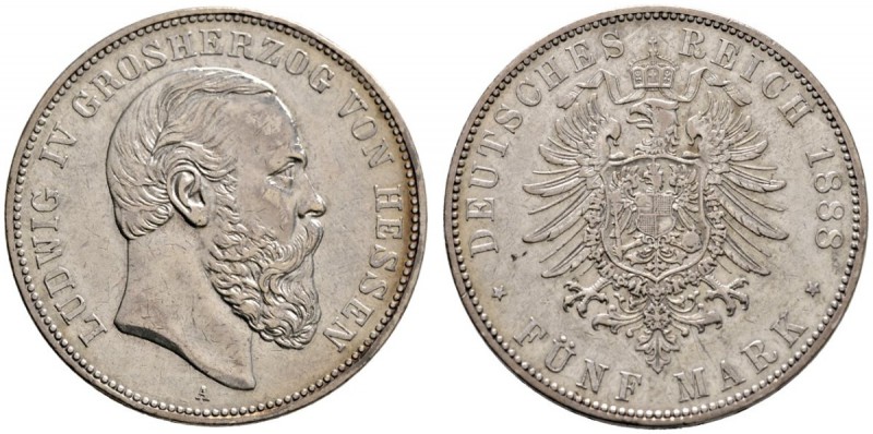 Silbermünzen des Kaiserreiches
Hessen
Ludwig IV. 1877-1892. 5 Mark 1888 A. J. ...