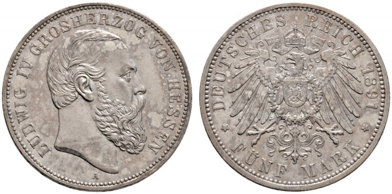 Silbermünzen des Kaiserreiches
Hessen
Ludwig IV. 1877-1892. 5 Mark 1891 A. J. ...