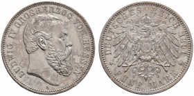 Silbermünzen des Kaiserreiches
Hessen
Ludwig IV. 1877-1892. 5 Mark 1891 A. J. 71.
leichte Tönung, kleine Kratzer, sehr schön-vorzüglich