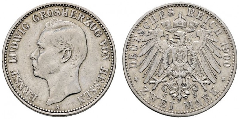 Silbermünzen des Kaiserreiches
Hessen
Ernst Ludwig 1892-1918. 2 Mark 1900 A. J...