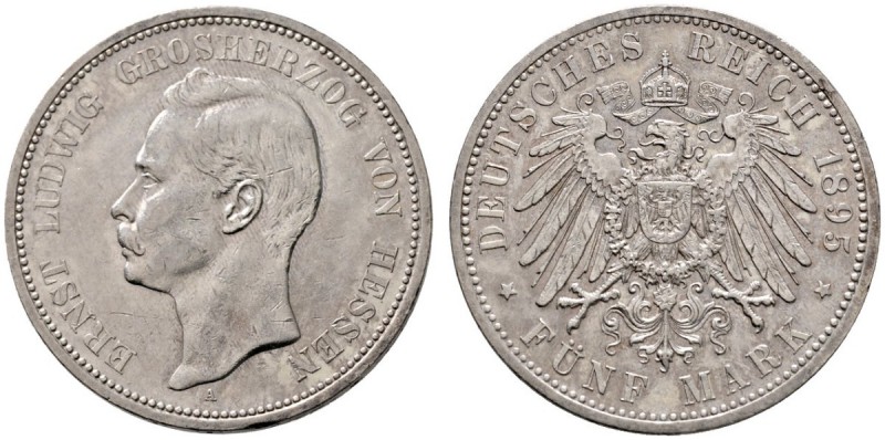 Silbermünzen des Kaiserreiches
Hessen
Ernst Ludwig 1892-1918. 5 Mark 1895 A. J...
