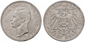 Silbermünzen des Kaiserreiches
Hessen
Ernst Ludwig 1892-1918. 5 Mark 1895 A. J. 73.
leichte Tönung, kleiner Randfehler, sehr schön-vorzüglich