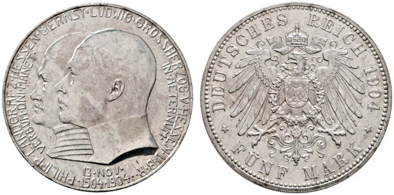 Silbermünzen des Kaiserreiches
Hessen
Ernst Ludwig 1892-1918. 5 Mark 1904. Phi...