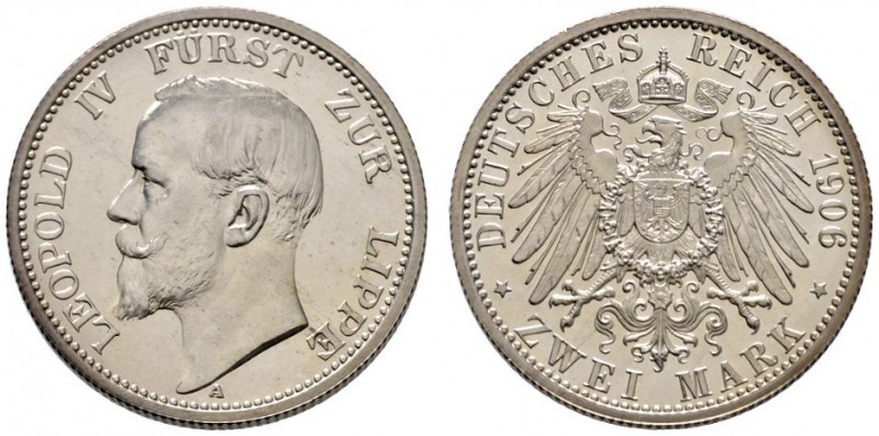 Silbermünzen des Kaiserreiches
Lippe
Leopold IV. 1905-1918. 2 Mark 1906 A. J. ...