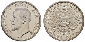 Silbermünzen des Kaiserreiches
Lippe
Leopold IV. 1905-1918. 2 Mark 1906 A. J. 78.
Prachtexemplar, Polierte Platte fein