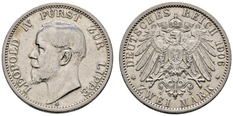 Silbermünzen des Kaiserreiches
Lippe
Leopold IV. 1905-1918. 2 Mark 1906 A. J. ...