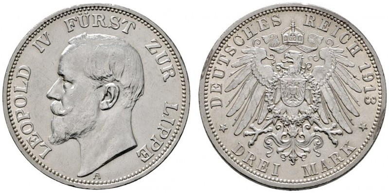 Silbermünzen des Kaiserreiches
Lippe
Leopold IV. 1905-1918. 3 Mark 1913 A. J. ...