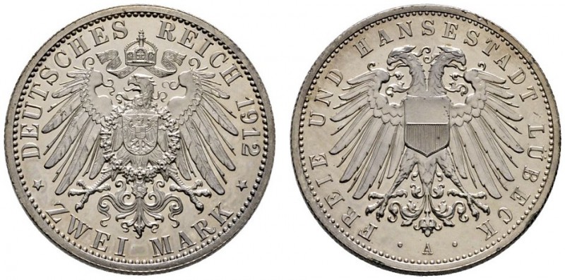 Silbermünzen des Kaiserreiches
Lübeck
2 Mark 1912 A. J. 81.
fein zaponiert, P...