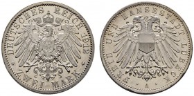 Silbermünzen des Kaiserreiches
Lübeck
2 Mark 1912 A. J. 81.
fein zaponiert, Polierte Platte
Aus Sammlung Dr. Lutz.