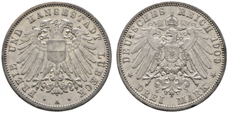 Silbermünzen des Kaiserreiches
Lübeck
3 Mark 1909 A. J. 82.
sehr schön-vorzüg...