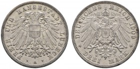 Silbermünzen des Kaiserreiches
Lübeck
3 Mark 1909 A. J. 82.
sehr schön-vorzüglich
