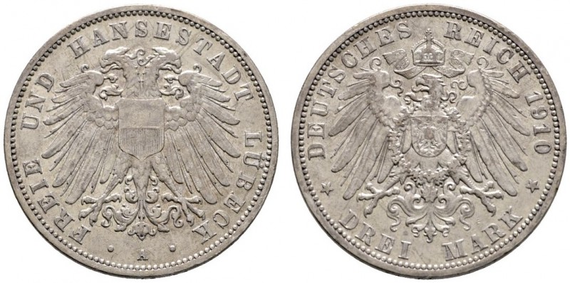 Silbermünzen des Kaiserreiches
Lübeck
3 Mark 1910 A. J. 82.
sehr schön-vorzüg...