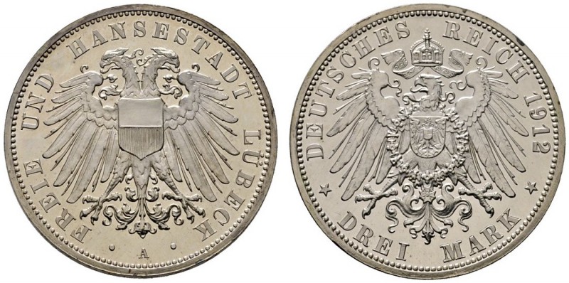 Silbermünzen des Kaiserreiches
Lübeck
3 Mark 1912 A. J. 82.
fein zaponiert, w...
