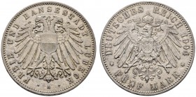 Silbermünzen des Kaiserreiches
Lübeck
5 Mark 1904 A. J. 83.
sehr schön