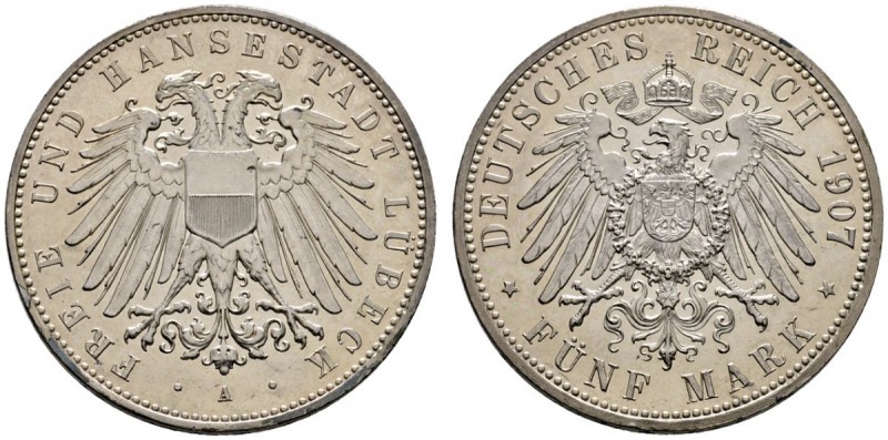 Silbermünzen des Kaiserreiches
Lübeck
5 Mark 1907 A. J. 83.
fein zaponiert, m...