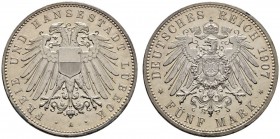 Silbermünzen des Kaiserreiches
Lübeck
5 Mark 1907 A. J. 83.
fein zaponiert, minimale Kratzer, Polierte Platte
Aus Sammlung Dr. Lutz.