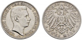 Silbermünzen des Kaiserreiches
Mecklenburg-Schwerin
Friedrich Franz IV. 1897-1918. 2 Mark 1901 A. Regierungsantritt. J. 85.
winzige Randfehler, seh...