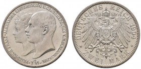 Silbermünzen des Kaiserreiches
Mecklenburg-Schwerin
Friedrich Franz IV. 1897-1918. 2 Mark 1904 A. Hochzeit. J. 86.
vorzüglich-Stempelglanz