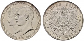 Silbermünzen des Kaiserreiches
Mecklenburg-Schwerin
Friedrich Franz IV. 1897-1918. 5 Mark 1904 A. Hochzeit. J. 87.
Polierte Platte-Avers minimal be...
