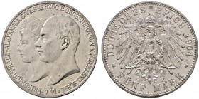 Silbermünzen des Kaiserreiches
Mecklenburg-Schwerin
Friedrich Franz IV. 1897-1918. 5 Mark 1904 A. Hochzeit. J. 87.
minimale Kratzer, vorzüglich