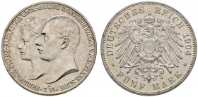 Silbermünzen des Kaiserreiches
Mecklenburg-Schwerin
Friedrich Franz IV. 1897-1918. 5 Mark 1904 A. Hochzeit. J. 87.
leichte Tönung, kleine Randfehle...
