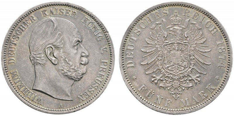 Silbermünzen des Kaiserreiches
Preußen
Wilhelm I. 1861-1888. 5 Mark 1874 A. J....