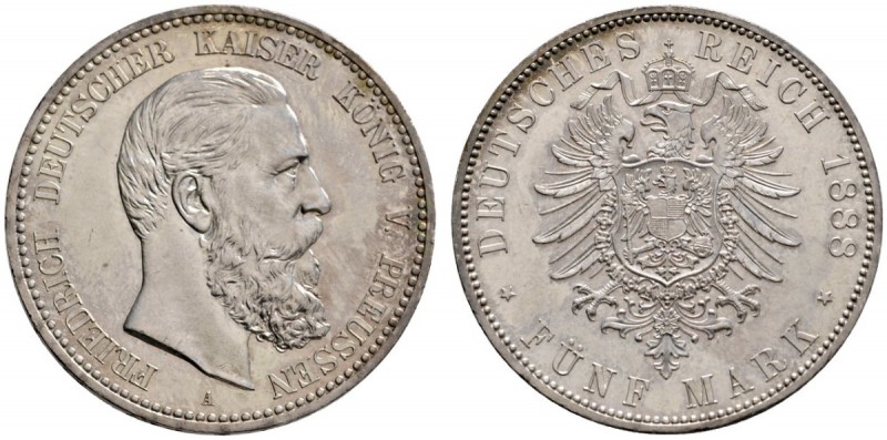 Silbermünzen des Kaiserreiches
Preußen
Friedrich III. 1888. 5 Mark 1888 A. J. ...