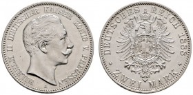 Silbermünzen des Kaiserreiches
Preußen
Wilhelm II. 1888-1918. 2 Mark 1888 A. J. 100.
Prachtexemplar, fast Stempelglanz/Stempelglanz