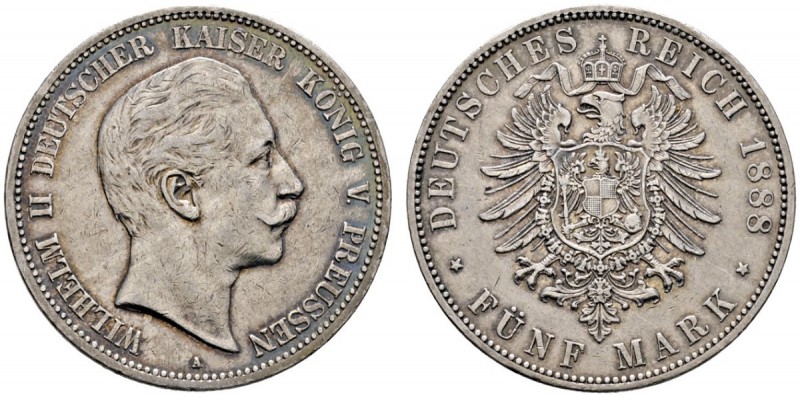 Silbermünzen des Kaiserreiches
Preußen
Wilhelm II. 1888-1918. 5 Mark 1888 A. J...