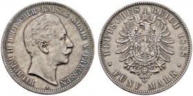 Silbermünzen des Kaiserreiches
Preußen
Wilhelm II. 1888-1918. 5 Mark 1888 A. J. 101.
feine Patina, kleiner Randfehler, sehr schön