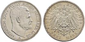 Silbermünzen des Kaiserreiches
Reuss-ältere Linie
Heinrich XXIV. 1902-1918. 3 Mark 1909 A. J. 119.
leichte Tönung, fast Stempelglanz