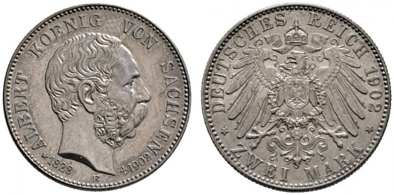 Silbermünzen des Kaiserreiches
Sachsen
Albert 1873-1902. 2 Mark 1902 E. Auf se...