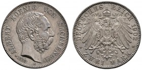 Silbermünzen des Kaiserreiches
Sachsen
Albert 1873-1902. 2 Mark 1902 E. Auf seinen Tod. J. 127.
feine Patina, gutes vorzüglich