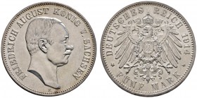Silbermünzen des Kaiserreiches
Sachsen
Friedrich August III. 1904-1918. 5 Mark 1914 E. J. 136.
selten in dieser Erhaltung, fast Stempelglanz