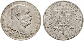 Silbermünzen des Kaiserreiches
Sachsen-Altenburg
Ernst 1853-1908. 5 Mark 1903 A. Regierungsjubiläum. J. 144.
kleine Kratzer, vorzüglich-Stempelglan...