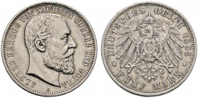 Silbermünzen des Kaiserreiches
Sachsen-Coburg-Gotha
Alfred 1893-1900. 5 Mark 1895 A. J. 146.
selten, minimale Randfehler, sehr schön