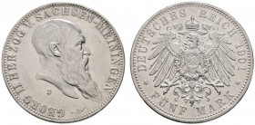 Silbermünzen des Kaiserreiches
Sachsen-Meiningen
Georg II. 1866-1915. 5 Mark 1901 D. 75. Geburtstag. J. 150.
minimale Kratzer, vorzüglich/vorzüglic...