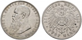 Silbermünzen des Kaiserreiches
Sachsen-Meiningen
Georg II. 1866-1915. 5 Mark 1902 D. Bart berührt Perlkreis. J. 153a.
Randfehler, gutes sehr schön...