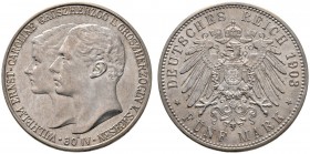 Silbermünzen des Kaiserreiches
Sachsen-Weimar-Eisenach
Wilhelm Ernst 1901-1918. 5 Mark 1903 A. Erste Hochzeit. J. 159.
leichte Tönung, winzige Krat...