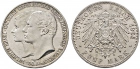 Silbermünzen des Kaiserreiches
Sachsen-Weimar-Eisenach
Wilhelm Ernst 1901-1918. 5 Mark 1903 A. Erste Hochzeit. J. 159.
winzige Kratzer, vorzüglich-...